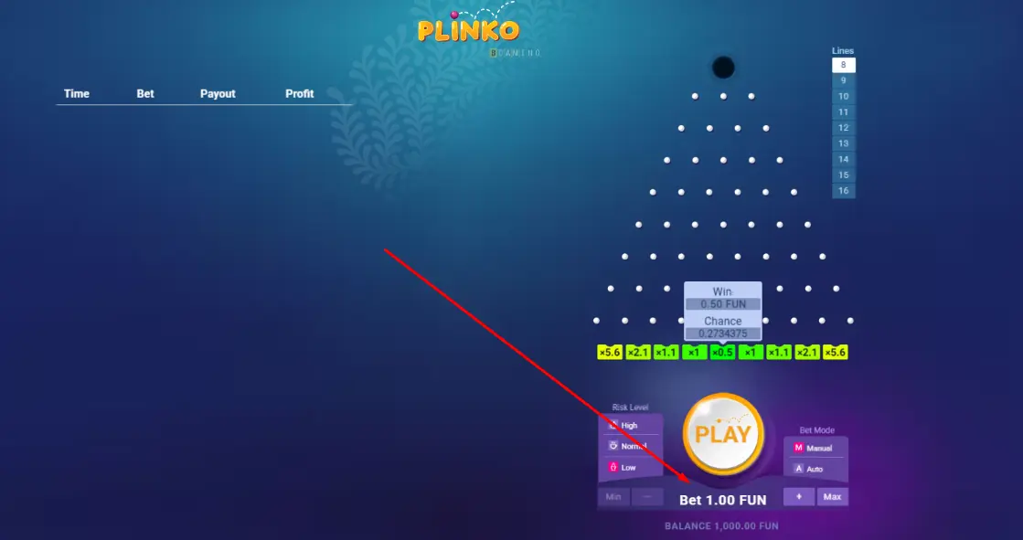 Choose Plinko bet amount